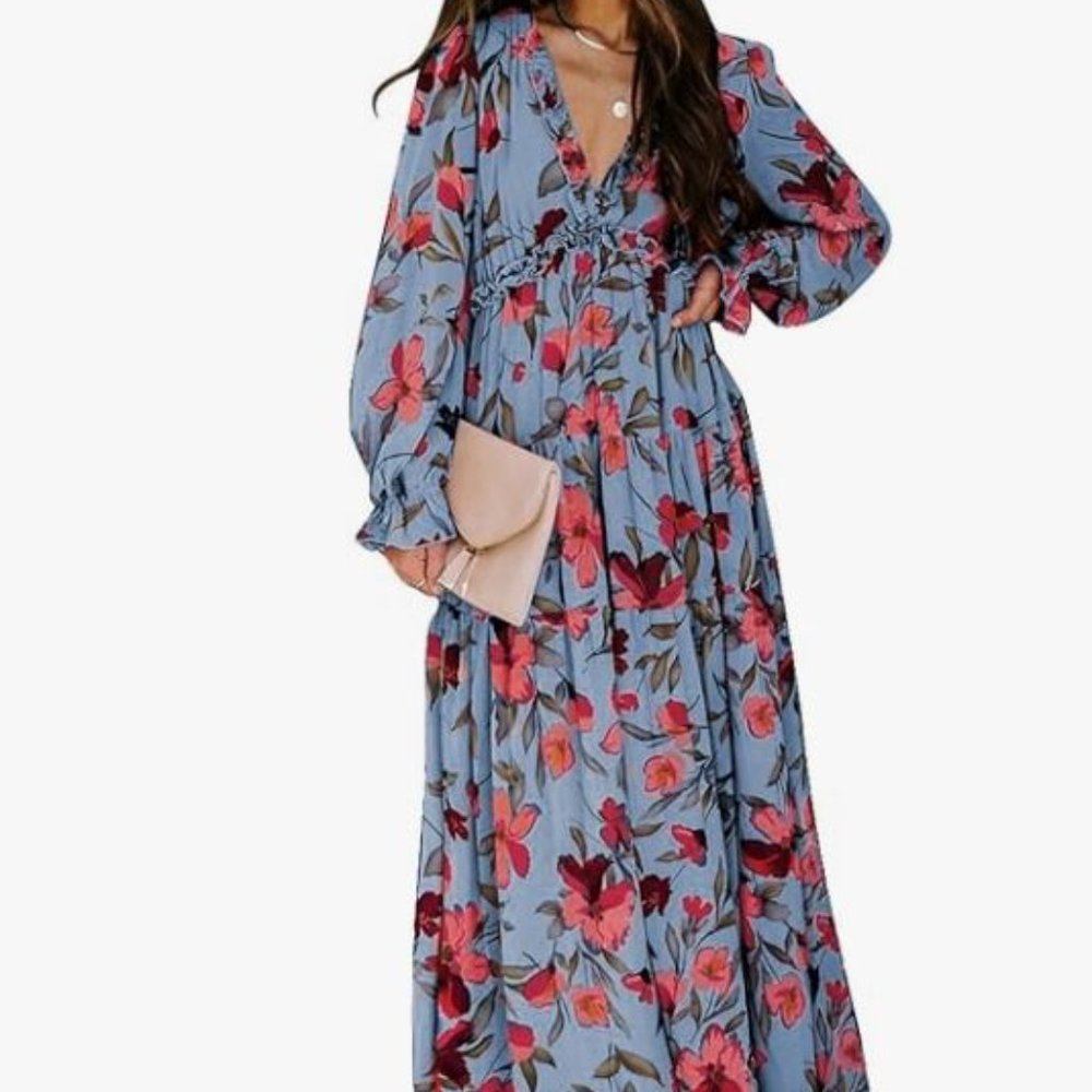 BLENCOT Floral Deep V‎ Neck Long Sleeve Long Dress